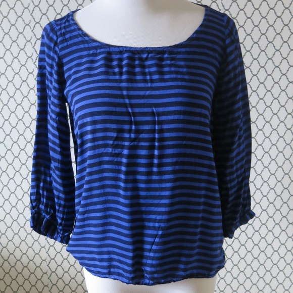 SPLENDID Elastic Waist Stripe 3/4 Sleeve Hi Lo Top Blouse - Size Petite Small - Picture 1 of 7